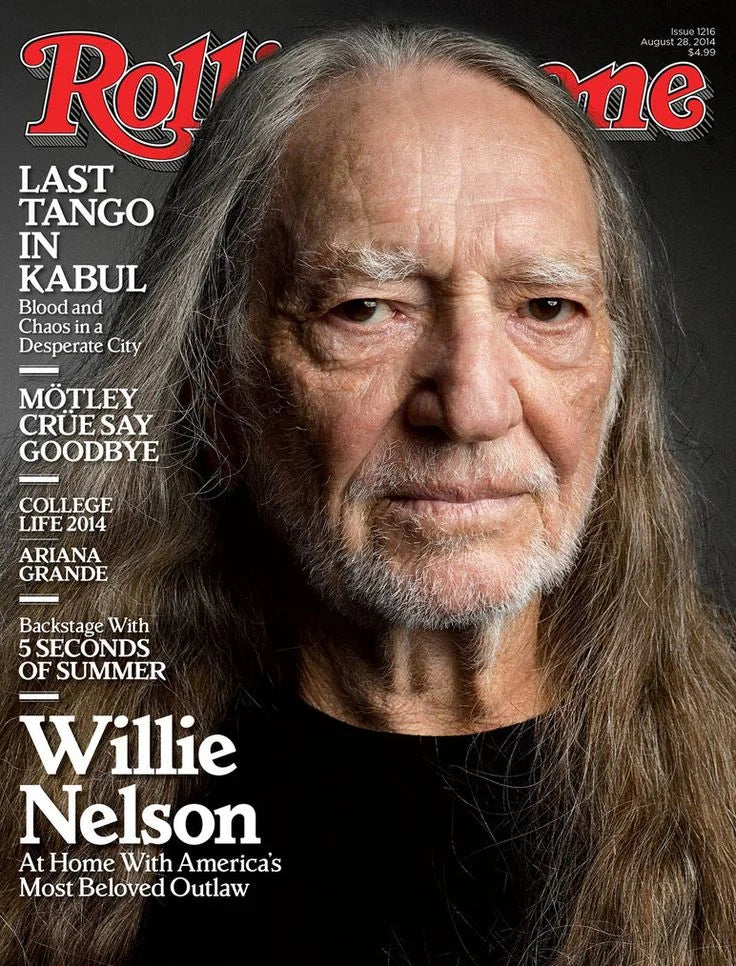 Rolling Stone magazine cover featuring Willie Nelson with a black background