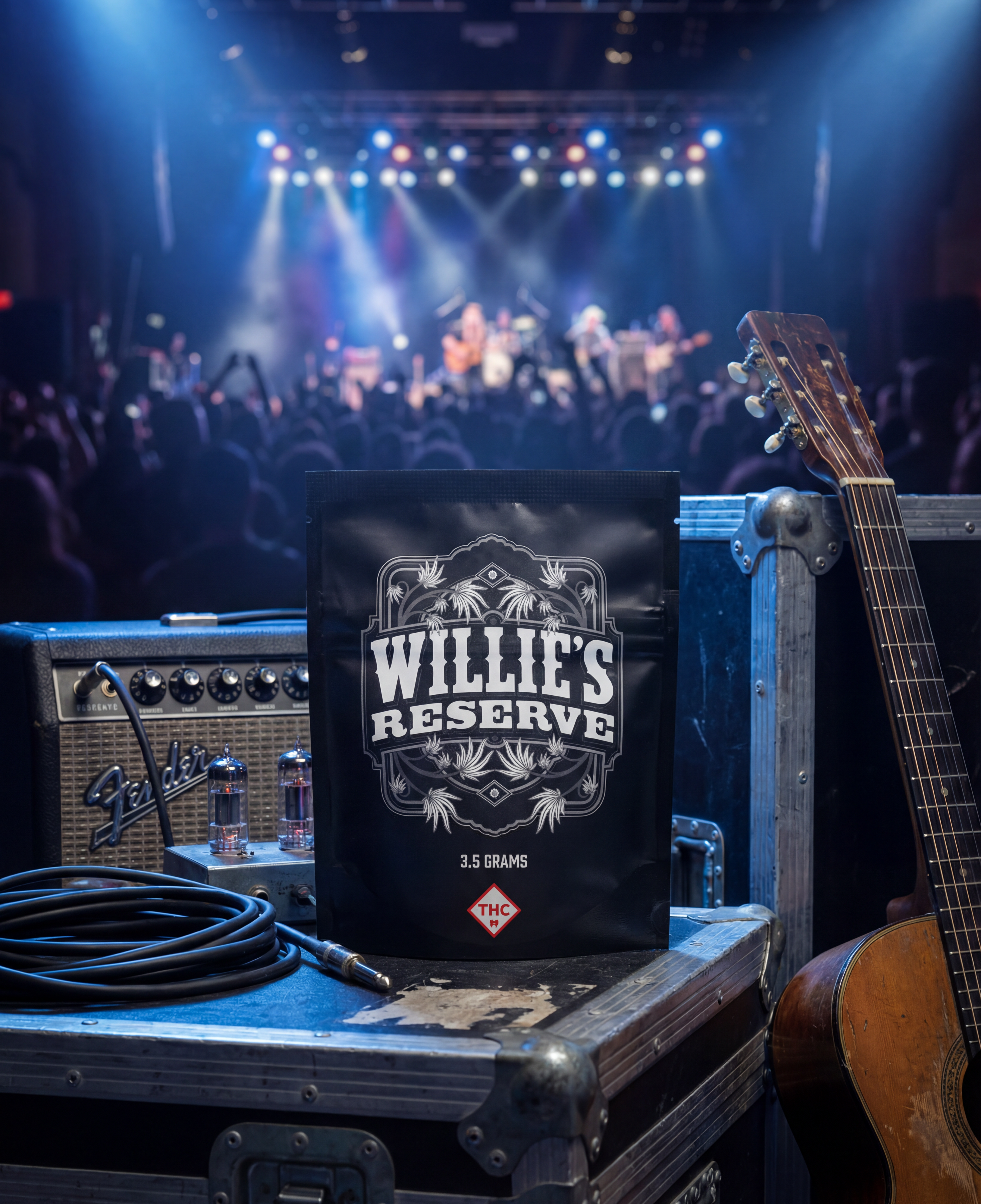Willie's Reserve bag on a stage with musical equipment and a crowd in the background