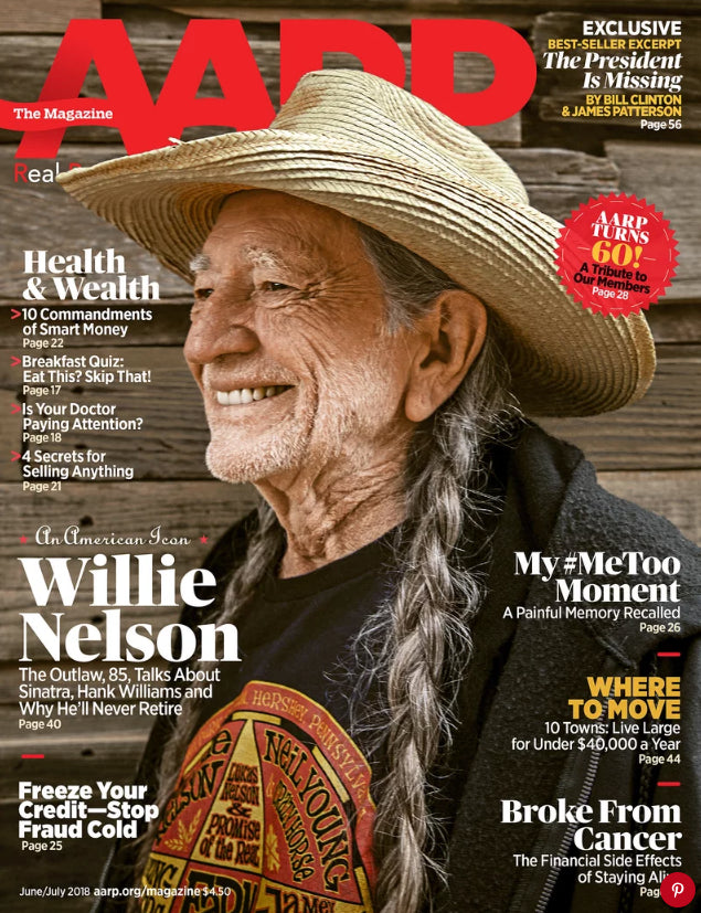 Magazine cover featuring Willie Nelson with a hat, featuring text about health, wealth, and personal stories.