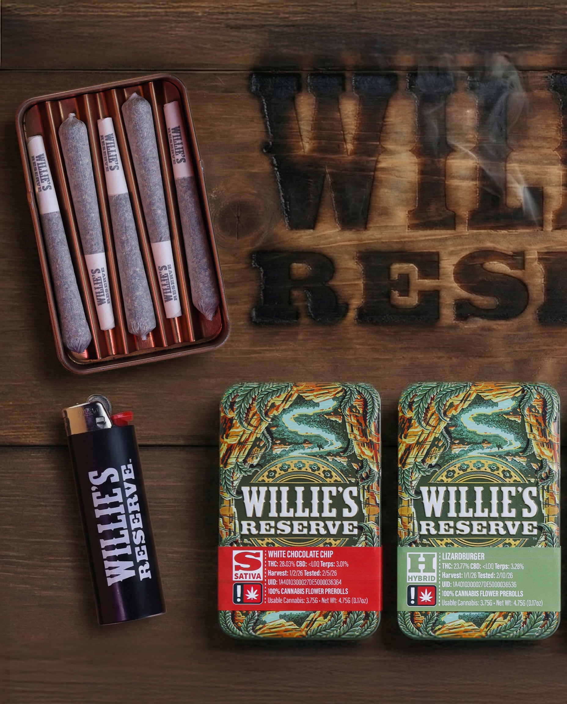 Willie's Reserve cannabis products on a wooden surface with 'Willie's Reserve' branding.