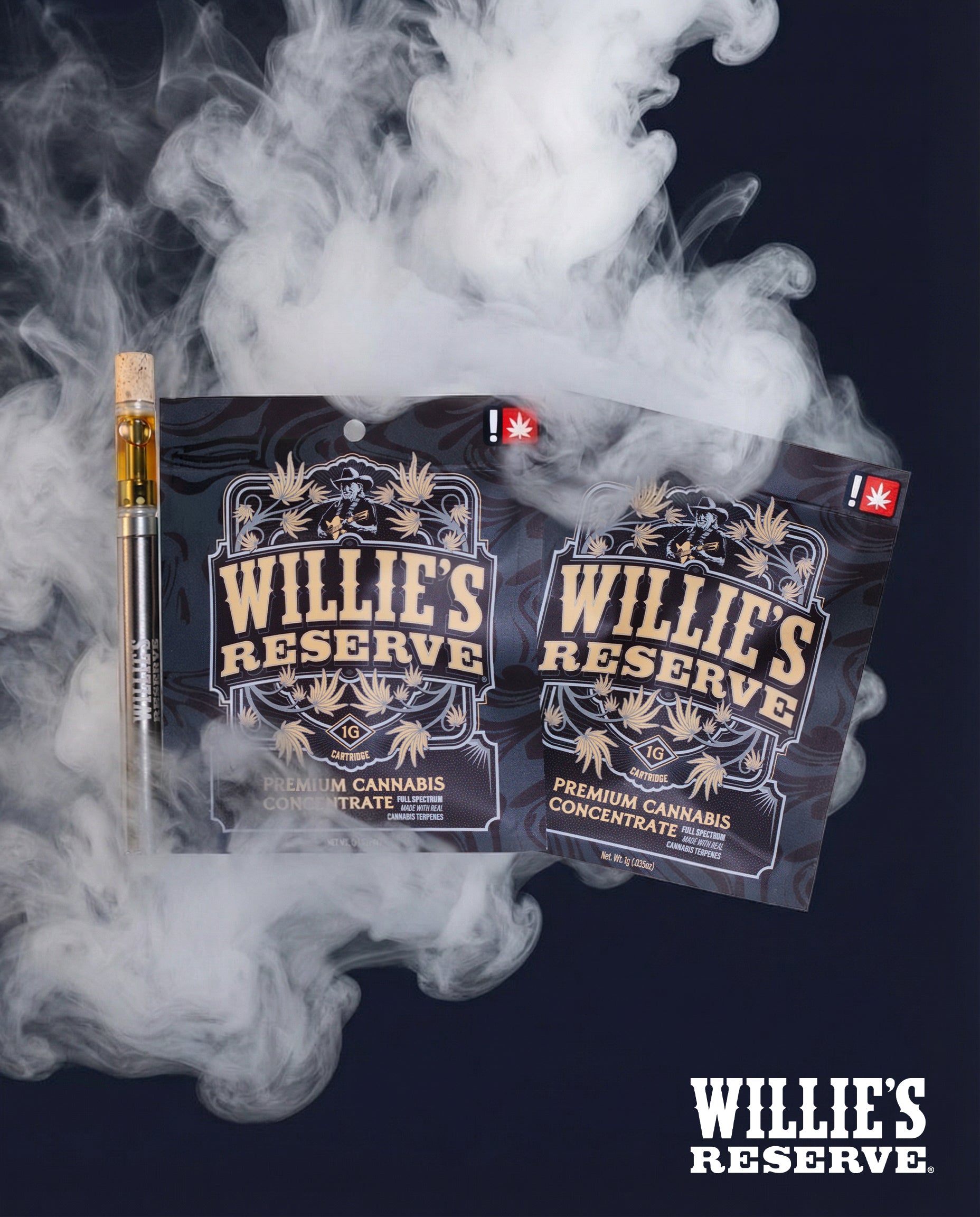 Willie's Reserve cannabis concentrate with smoke effect on a dark background