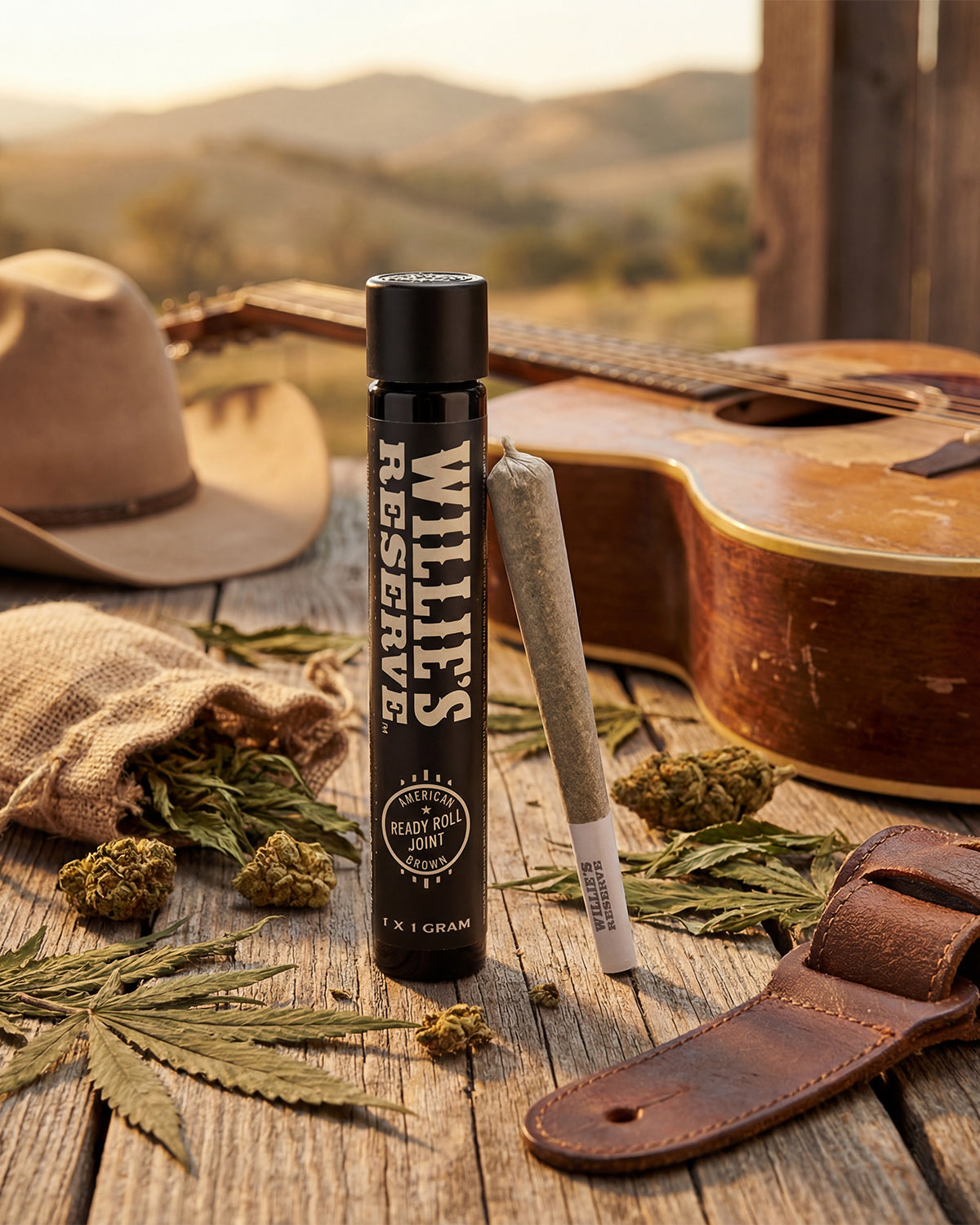 Willie's Reserve product on a wooden surface with a guitar, hat, and cannabis leaves in the background.