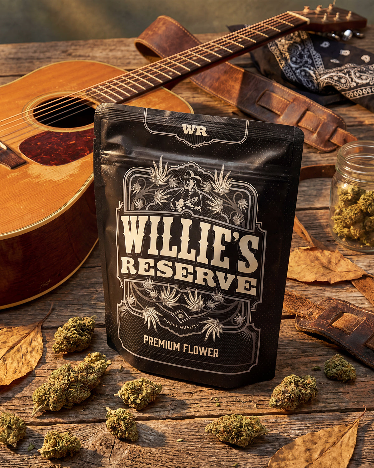 Willie's Reserve cannabis packaging on a wooden surface with a guitar and cannabis buds.