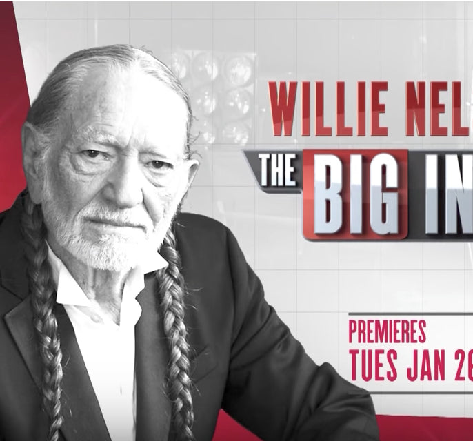 Promotional poster for Willie Nelson's talk with Dan Rather with a black and white portrait of Willie Nelson.