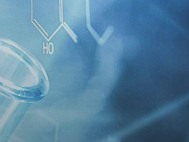 Chemical structure diagram with a beaker on a blue background