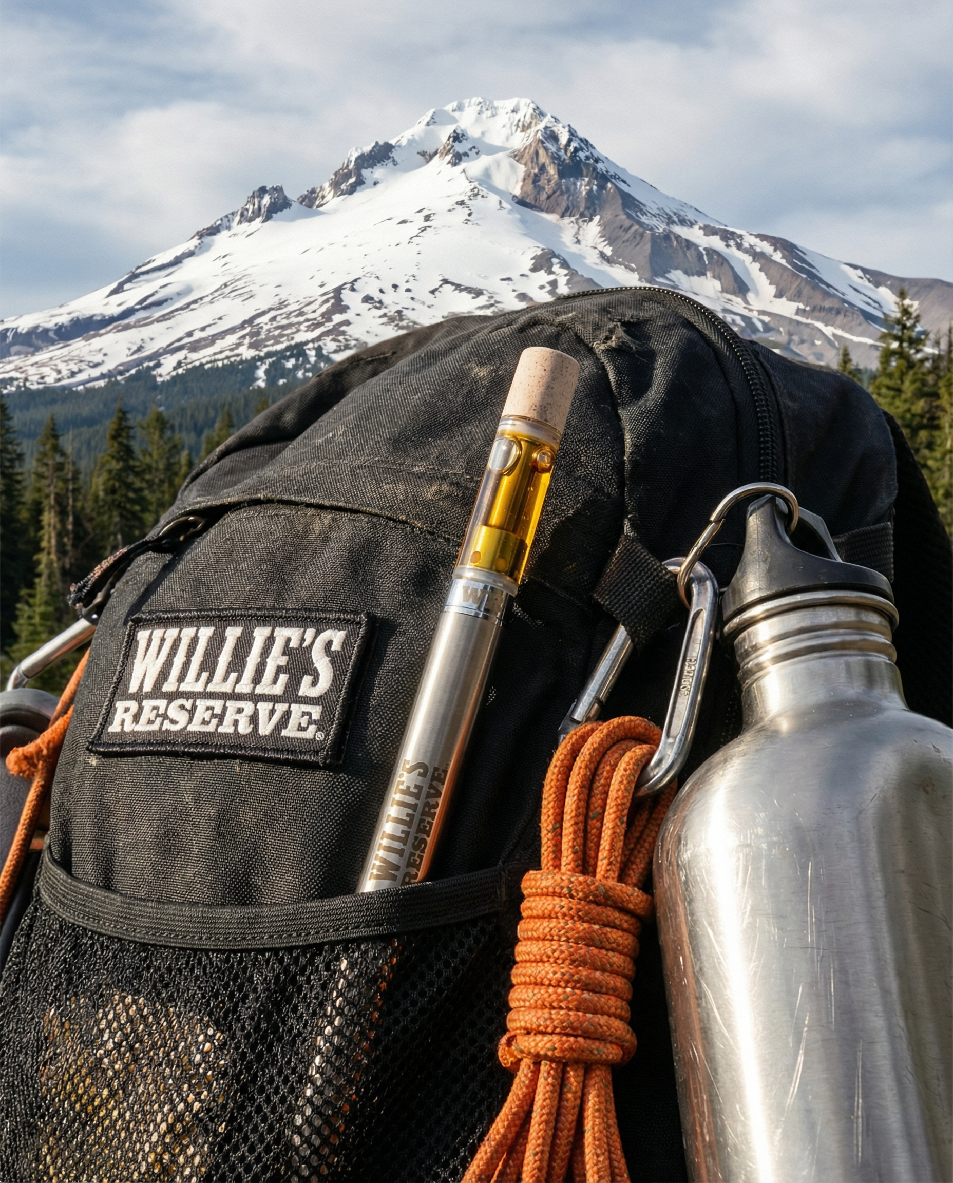 Black backpack with 'Willie's Reserve' logo, a bottle, and rope against a mountainous background.